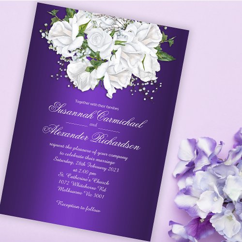 White Roses Elegance Purple Wedding Invitation