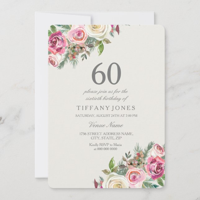 White Roses Elegant 60th Birthday Party Invite (Front)