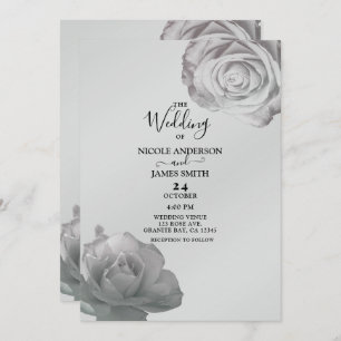 White Roses Elegant Floral Silver Grey Wedding Invitation