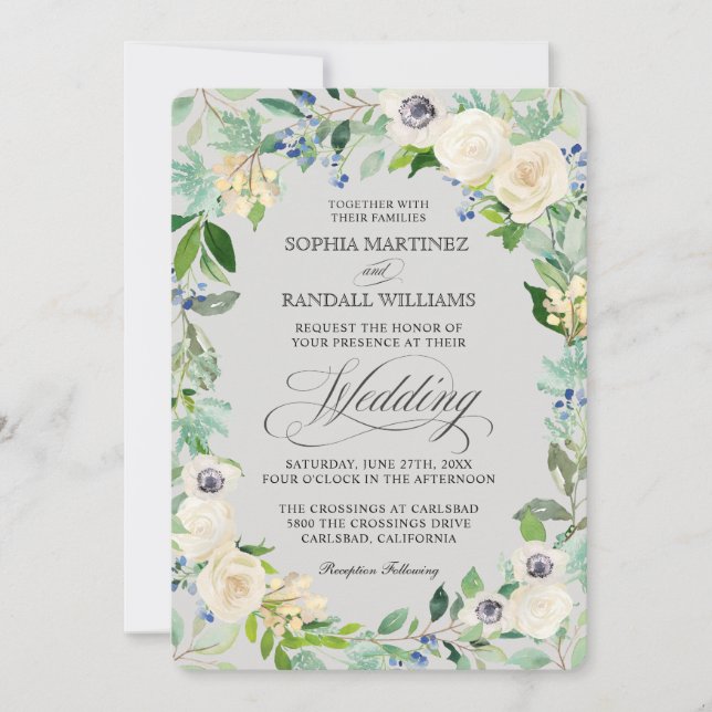 White Roses Elegant Floral Wedding Invitation (Front)