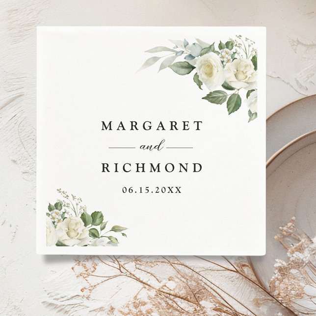 White Roses Elegant Floral Wedding Napkins (Creator Uploaded)