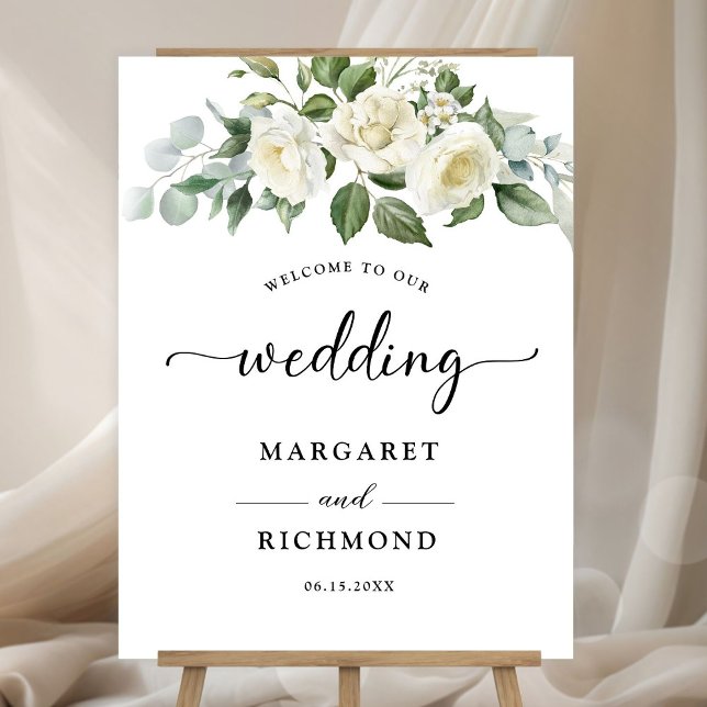 White Roses Elegant Floral Wedding Welcome Foam Board (Creator Uploaded)