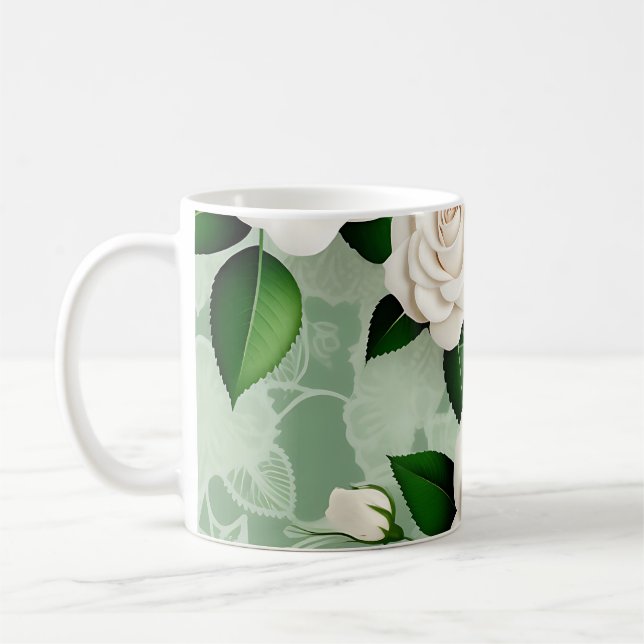 White Roses Elegant On Green Coffee Mug (Left)