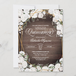 White Roses Elegant Rustic Wood Floral Quinceañera Invitation