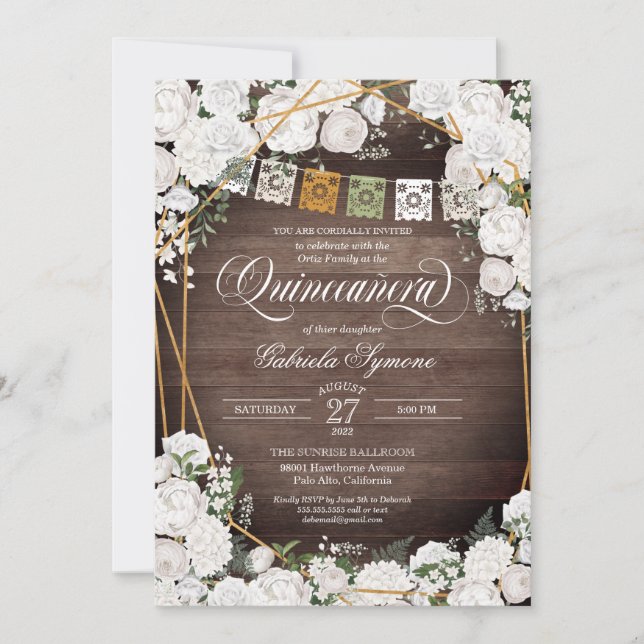 White Roses Elegant Western Rustic Quinceañera Inv Invitation (Front)