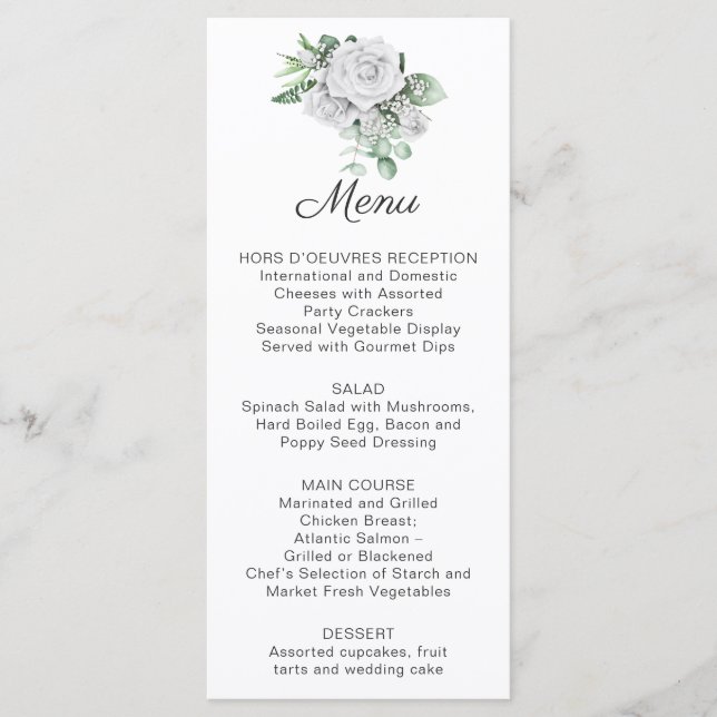 White Roses, Eucalyptus, Baby's Breath Menu | (Front)