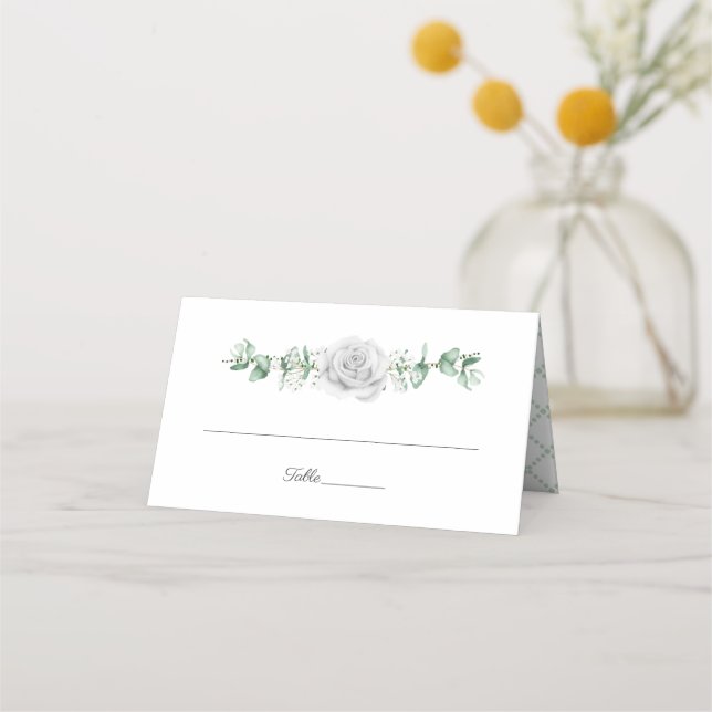 White Roses Eucalyptus Baby's Breath Place Cards (Front)