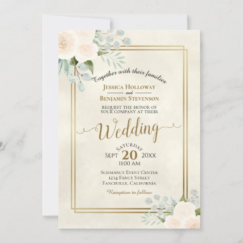 White Roses  Eucalyptus Boho Watercolor Wedding Invitation