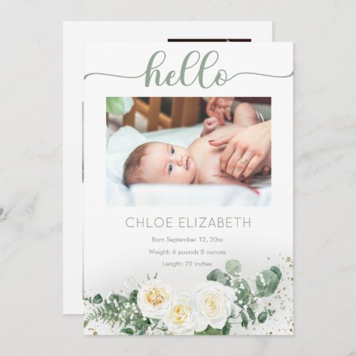 White Roses Eucalyptus Girl 4 Photo Collage Birth Announcement