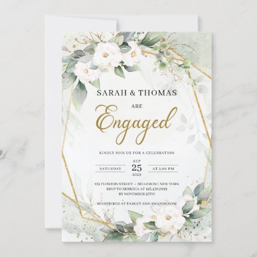 White roses eucalyptus gold frame Engagement Invit Invitation