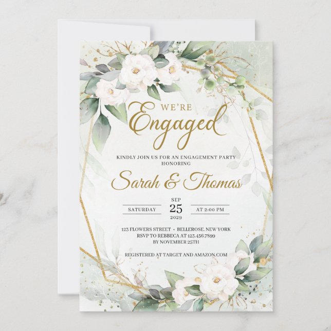White roses eucalyptus gold frame Engagement Invitation (Front)