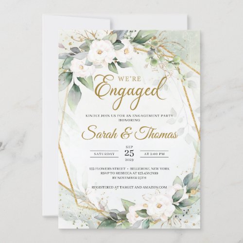 White roses eucalyptus gold frame Engagement Invitation