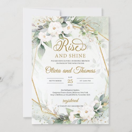 White roses eucalyptus gold frame rise and shine i invitation