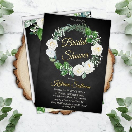 White Roses  Eucalyptus Greenery Bridal Shower  F Foil Invitation