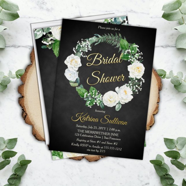 White Roses | Eucalyptus Greenery Bridal Shower  F Foil Invitation (Creator Uploaded)