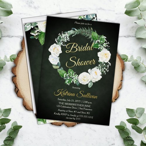 White Roses  Eucalyptus Greenery Bridal Shower  Foil Invitation