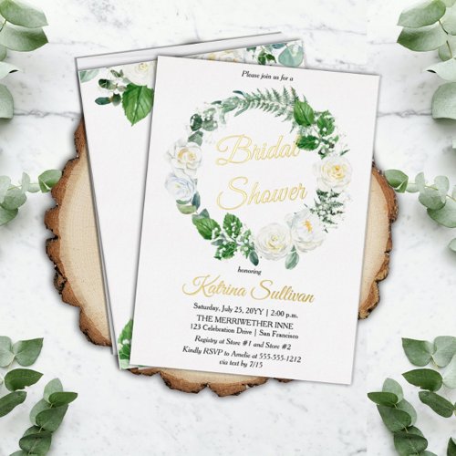 White Roses  Eucalyptus Greenery Bridal Shower Foil Invitation