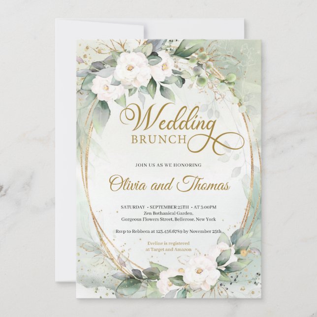 White roses eucalyptus greenery gold oval wedding invitation (Front)