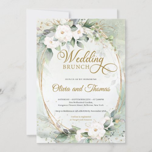 White roses eucalyptus greenery gold oval wedding invitation
