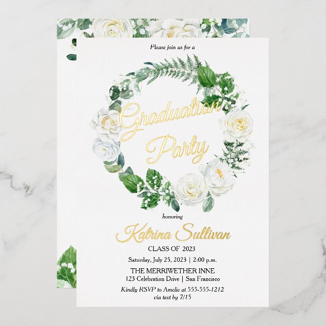 White Roses | Eucalyptus Greenery Graduation 2023 Foil Invitation (Front/Back)
