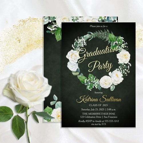 White Roses  Eucalyptus Greenery Graduation Party Foil Invitation