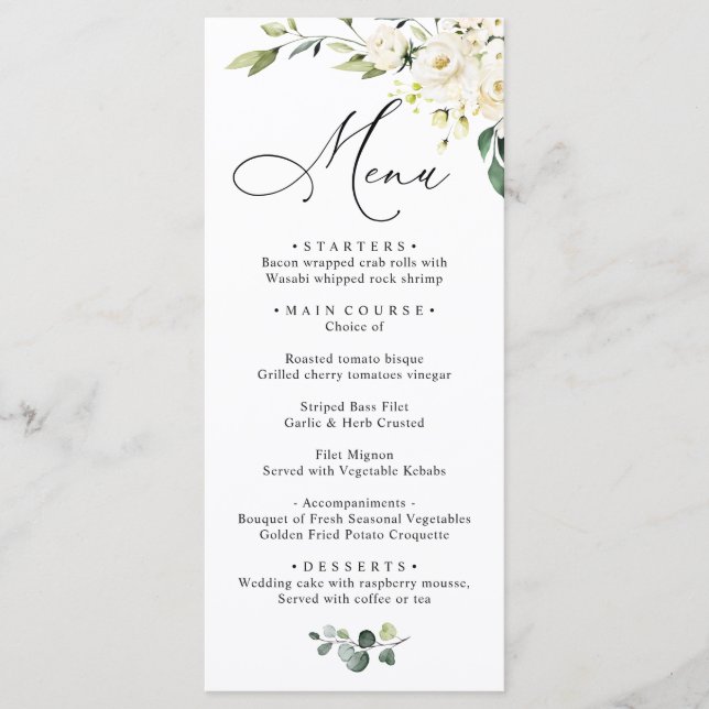 White Roses Eucalyptus Greenery Wedding Dinner Menu (Front)