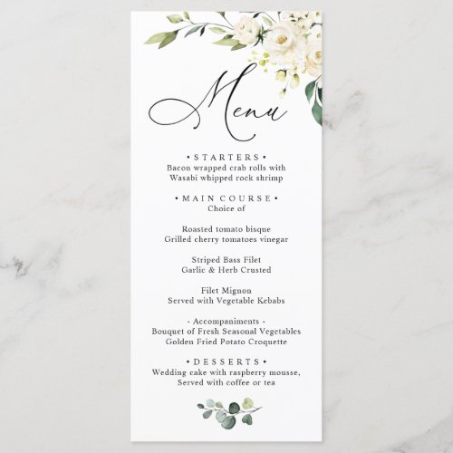 White Roses Eucalyptus Greenery Wedding Dinner Menu