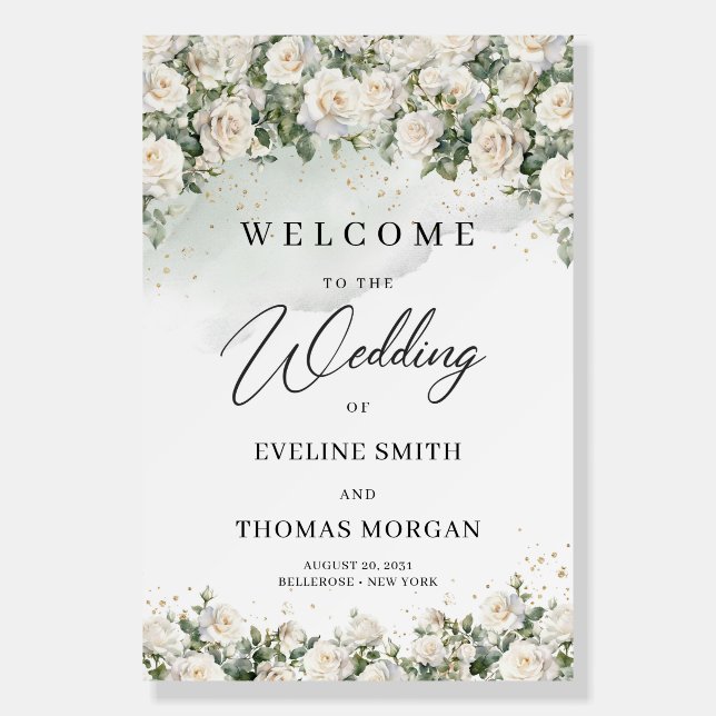 White Roses Eucalyptus Greenery Wedding Welcome Foam Board (Front)