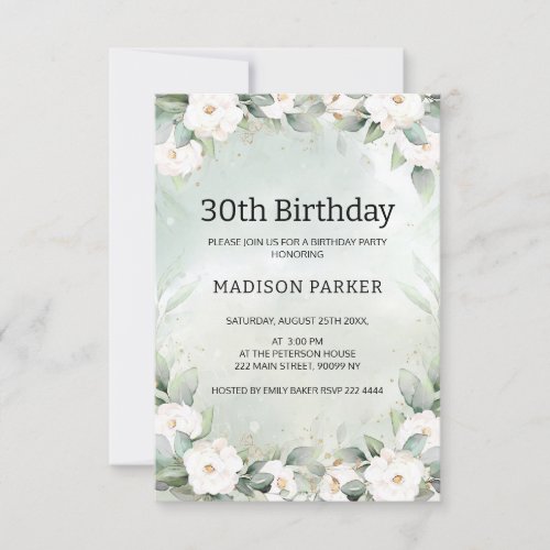 White Roses Eucalyptus Leaves Birthday Invitation