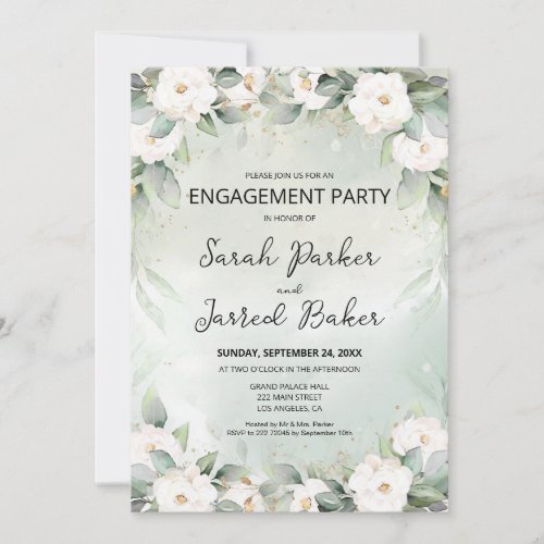 White Roses Eucalyptus Leaves Engagement Invitation