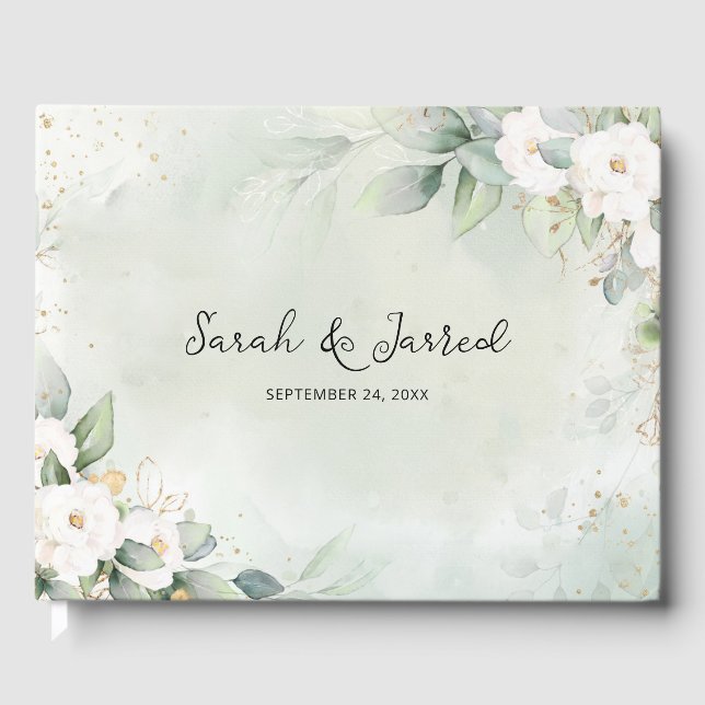 White Roses Eucalyptus Leaves Guest Book (Front)
