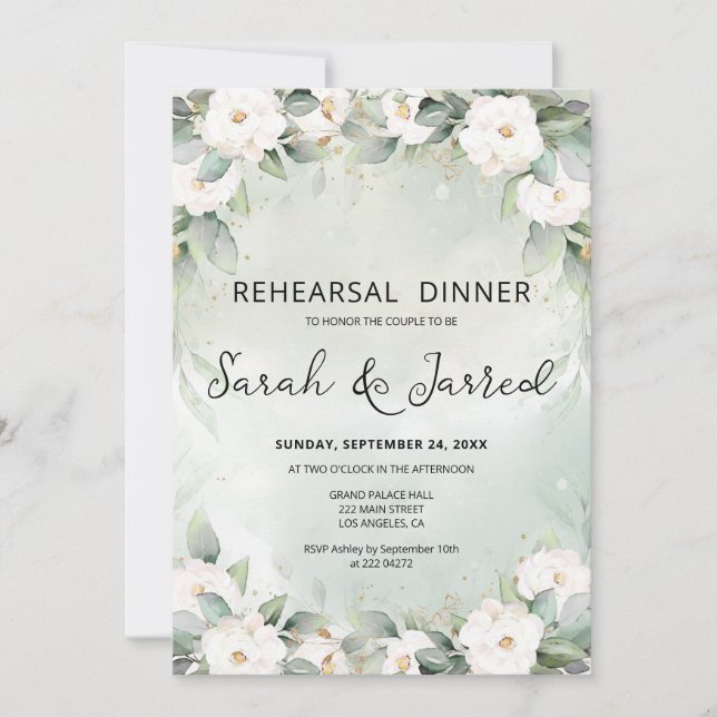 White Roses Eucalyptus Leaves Rehearsal Invitation (Front)