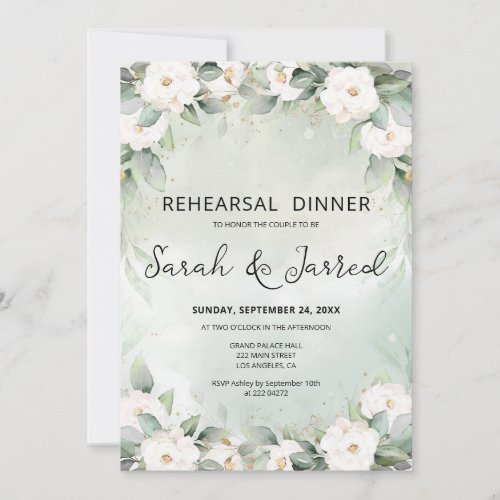 White Roses Eucalyptus Leaves Rehearsal Invitation