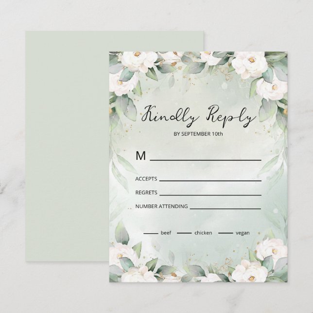 White Roses Eucalyptus Leaves RSVP Card (Front/Back)