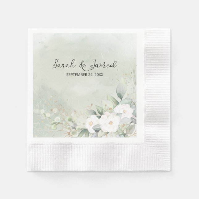 White Roses Eucalyptus Leaves Wedding Napkins (Front)