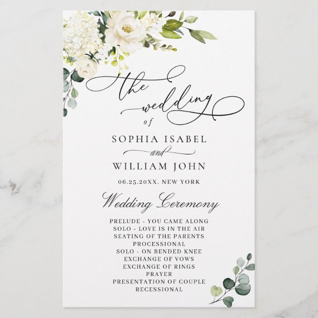 White Roses Eucalyptus Wedding Ceremony Program (Front)