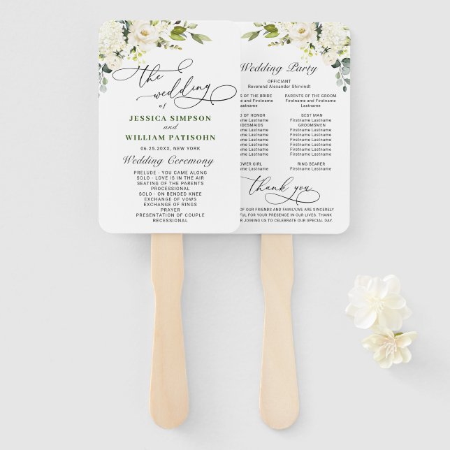 White Roses Eucalyptus Wedding Program Hand Fan (Front and Back)