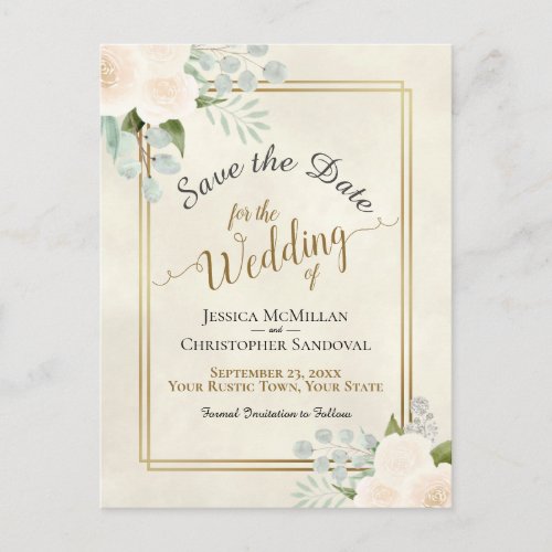 White Roses  Eucalyptus Wedding Save the Date Announcement Postcard