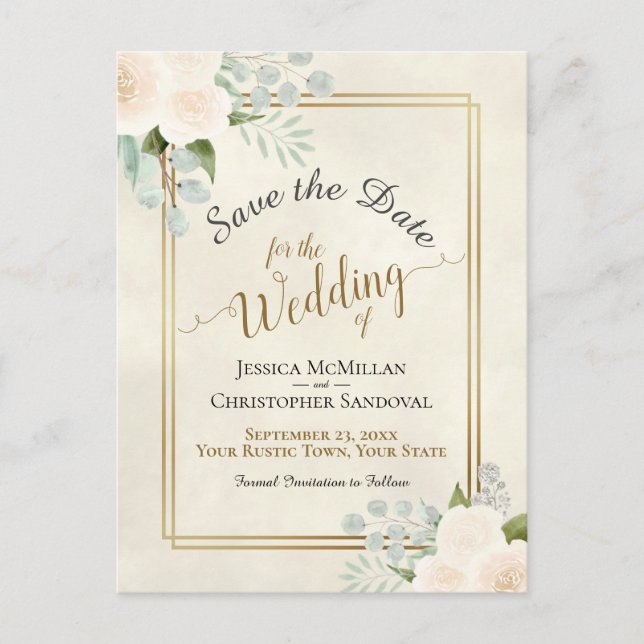 White Roses & Eucalyptus Wedding Save the Date Announcement Postcard (Front)