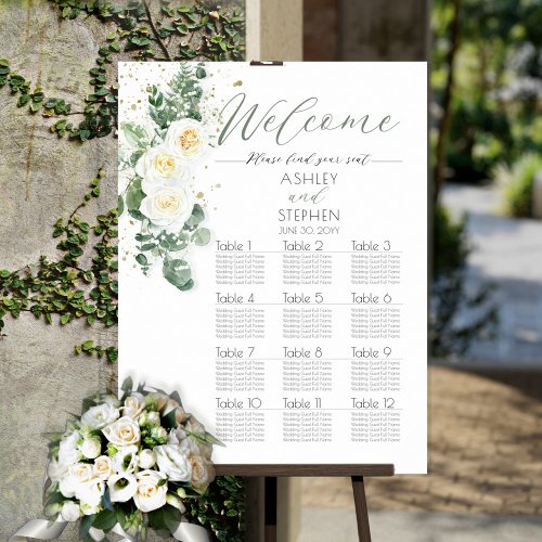 White Roses  Eucalyptus Wedding Seating Chart