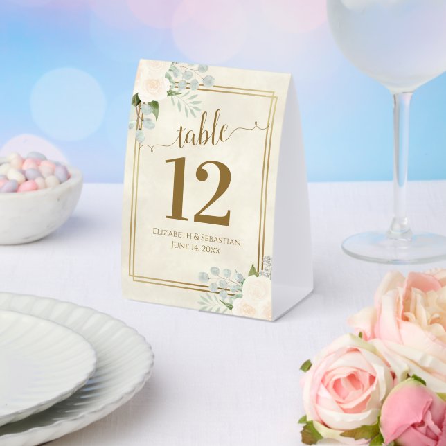 White Roses & Eucalyptus Wedding Table Number Paper Table Tent (Insitu(Wedding))