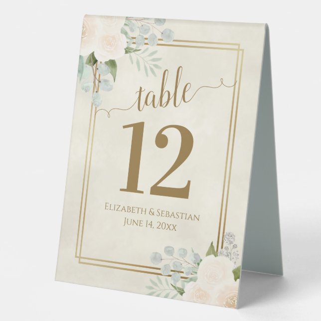 White Roses & Eucalyptus Wedding Table Number Table Tent (Front)