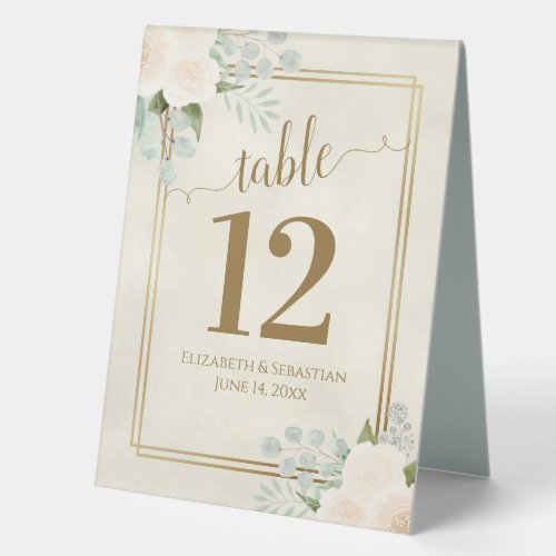 White Roses  Eucalyptus Wedding Table Number Table Tent Sign