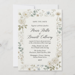 White Roses, Eucalyptus, Wildflowers, Fine Line Bo Invitation