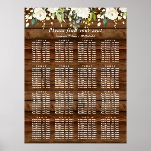White Roses Floral 16 Tables Wedding SEATING CHART