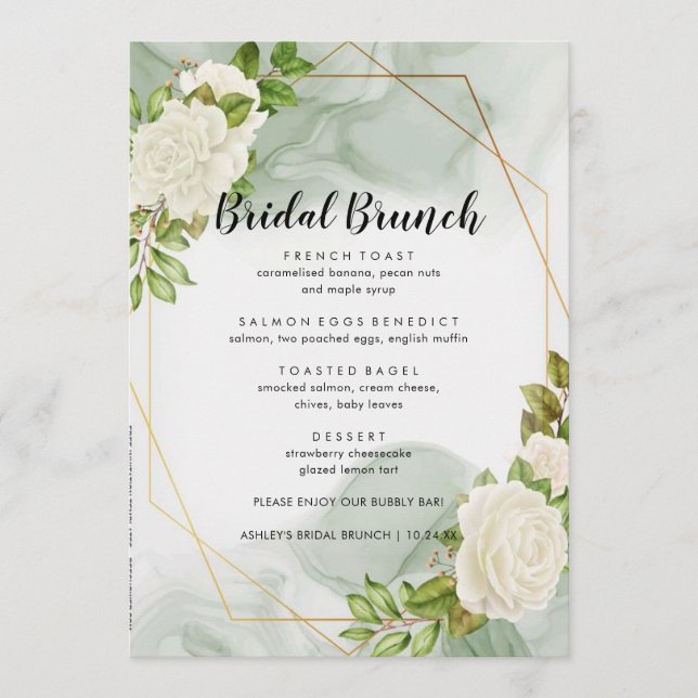 White Roses Floral Bridal Brunch Menu (Front)
