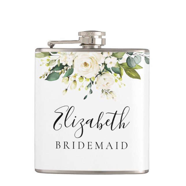 White Roses Floral Bridal Shower Flask (Front)