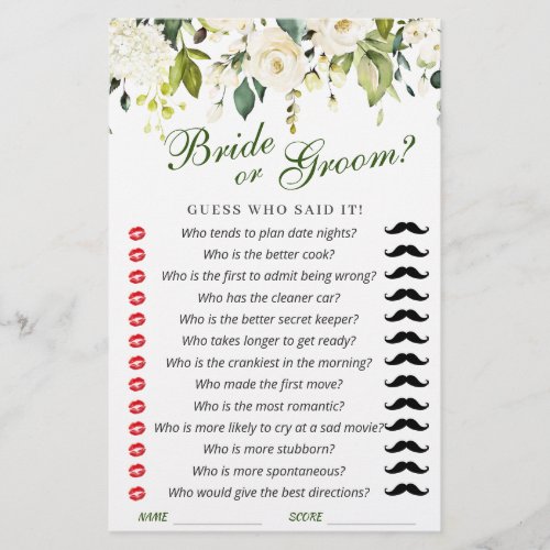 White Roses Floral Bridal Shower Game