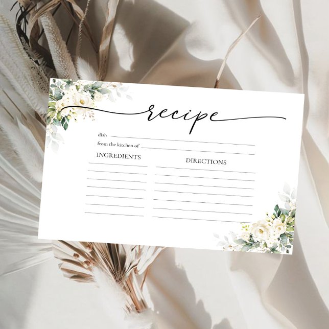 White Roses Floral Bridal Shower Large Recipe Card (Creator Uploaded)