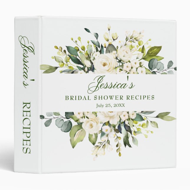 White Roses Floral Bridal Shower Recipe Binder (Front/Spine)